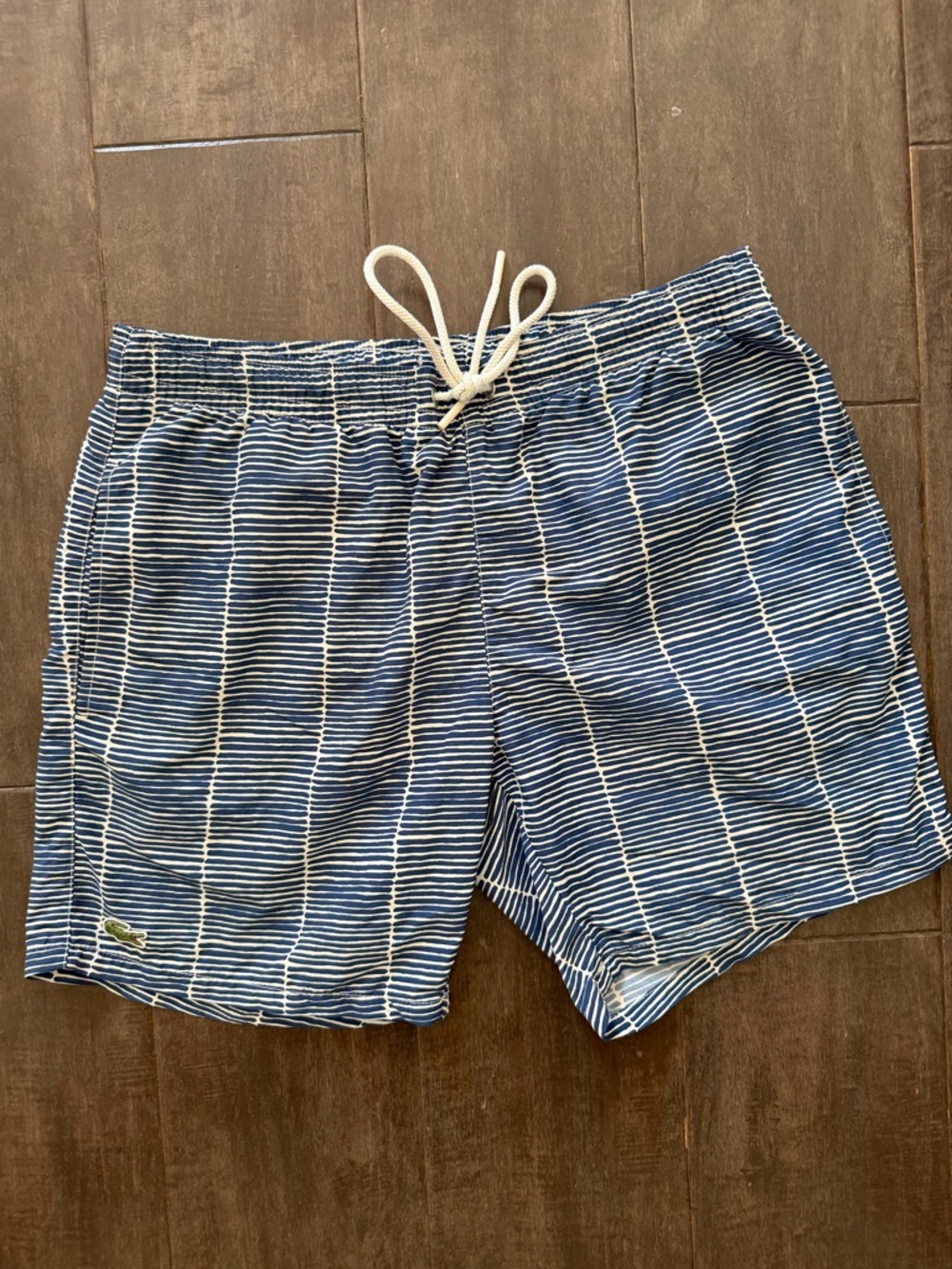 Lacoste Men’s Swim Shorts Blue/White Striped Drawstring Size M